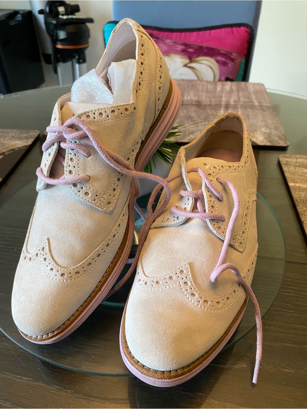 Cole Haan Beige Suede Wingtip Oxfords with Pink Laces